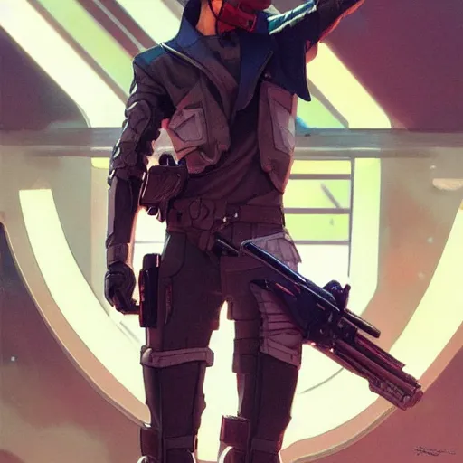 Prompt: a cyber cowboy holding a blaster, full-body shot, digital painting, smooth, elegant, hd, art by WLOP and Artgerm and Greg Rutkowski and Alphonse Mucha