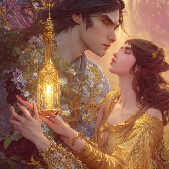 Image similar to iu fantasy novel cover, close up, highly detailed, gold filigree, romantic storybook fantasy, soft cinematic lighting, award, disney concept art watercolor illustration by mandy jurgens and alphonse mucha and alena aenami, pastel color palette, featured on artstation