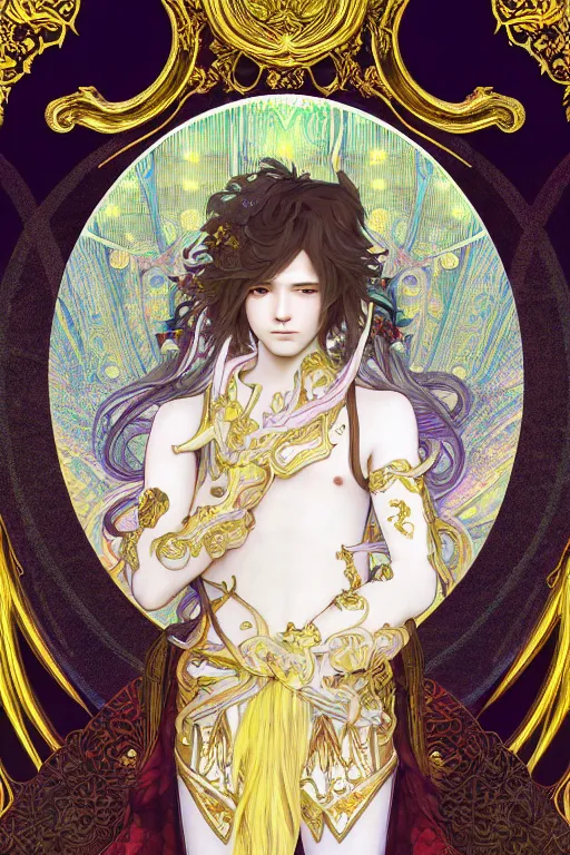 Prompt: fullbody portrait of a young hero with strange hairs, soft smile, baroque cloth, luminous scene, final fantasy and legue of legends champion, by chengwei pan and alpfons mucha, gradient white to gold, in front of an iridescent magical building background, highly detailed portrait, digital painting, smooth, focus illustration