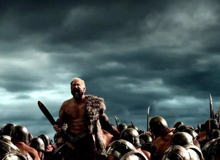 Image similar to cinematic film still of joe biden as leonidas shouting in 3 0 0 movie, 8 k, epic moody sky, dramatic lighting