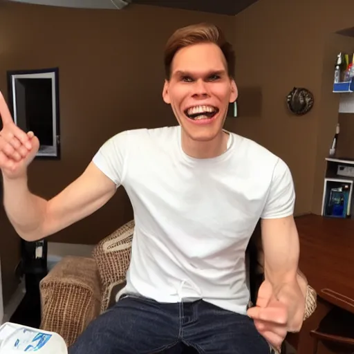 Image similar to jerma with an abnormally huge smile