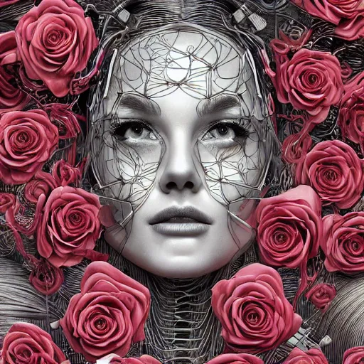 Prompt: the anatomy of a head of wires with electric chrome roses that resemble a beautiful woman, an ultrafine detailed illustration by james jean, intricate linework, bright colors, final fantasy, behance contest winner, symmetry, vanitas, angular, altermodern, unreal engine 5 highly rendered, global illumination, radiant light, detailed and intricate environment