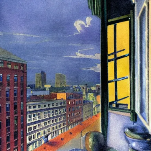 Image similar to full color painting of a balcony view of 1 9 2 5 boston with a broken sky, dark, brooding, night