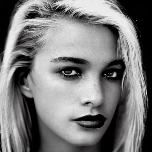 Prompt: black and white vogue closeup portrait by herb ritts of a beautiful female model, eyes, high contrast