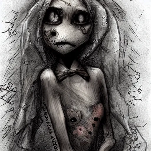 Image similar to grunge drawing of a cute teddy bear by - michael karcz , in the style of corpse bride, loony toons style, horror themed, detailed, elegant, intricate