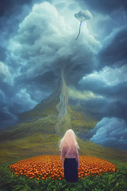 Image similar to perspective giant dahlia flower as head, girl standing on mountain, surreal photography, blue storm clouds, dramatic light, impressionist painting, digital painting, artstation, simon stalenhag