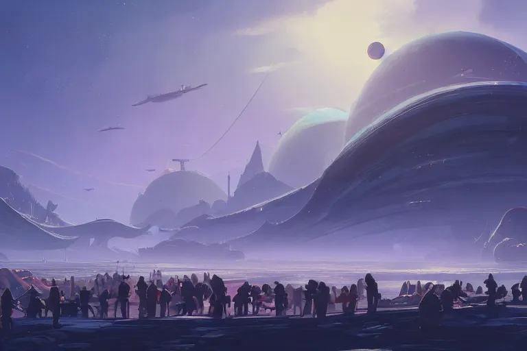 Prompt: crowded exoplanet fish market, big fishes on sale, ringed planet in the sky, dramatic lighting, artstation, matte painting, ralph mcquarrie, simon stalenhag