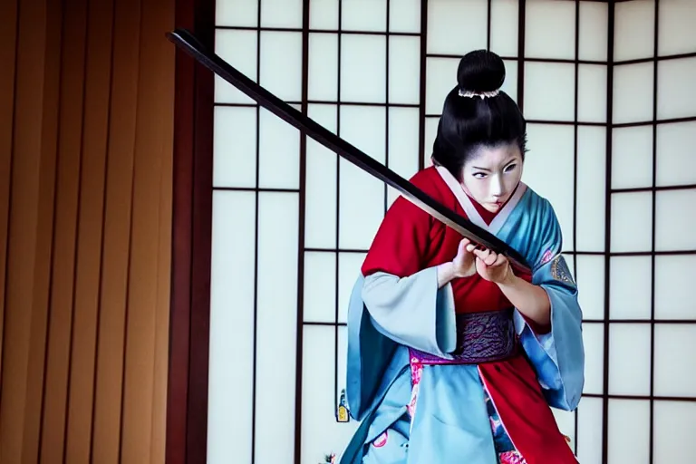 Image similar to beautiful photo of a young modern geisha samurai practising the sword in a traditional japanese temple, mid action swing, symmetrical face, beautiful eyes, huge oversized sword, award winning photo, muted pastels, action photography, 1 / 1 2 5 shutter speed, dramatic lighting, anime art style