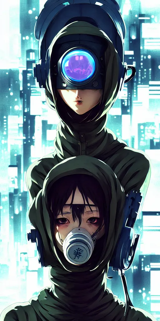 Image similar to cyberpunk anime girl in hoodie, cyberpunk gas mask, 3 / 4 shot, street night, grafity, beautiful face, grafity, arcane, action, tokyo street, detail, good face, pose model, concept art, in style of yoji shinkawa, pan ren wei, col price, atey ghailan, by greg rutkowski, aesthetic