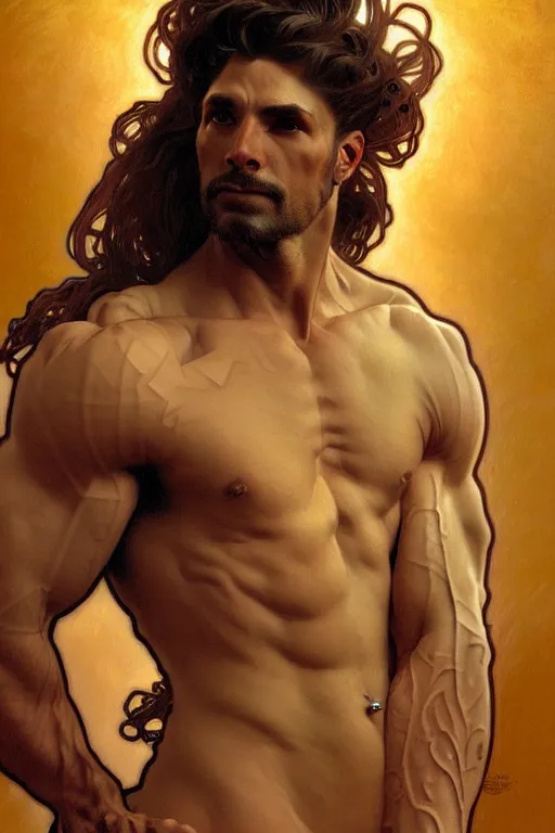 Prompt: portrait of dog as god by greg ruthkowski, alphonse mucha and craig mullins, gorgeous, amazing, flowing hair, muscular, very muscular male body, intricate, highly detailed, 8 k, digital painting