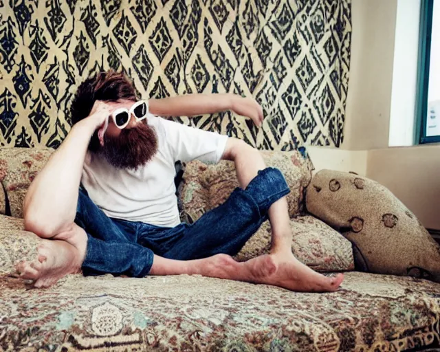 Prompt: russian drunk sitting on the couch with black glasses adidas shirt jeans old soviet carpet beautiful patterns white man funny hairstyle torn carpet hotel