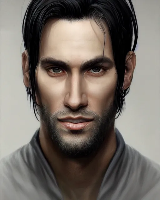 Prompt: portrait of tall, 3 3 - year - old handsome man with long dirty black hair, and ice grey eyes, wearing black clothes, no beard, hyper realistic face, beautiful grey eyes, character art, art by mark brooks, hyperdetailed, cryengine, trending on artstation, digital art