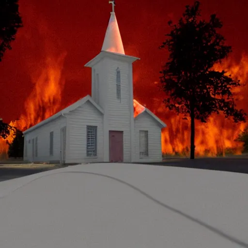 Prompt: horrifying 3d render of a homunculi with human features charging down a hill of a burning small town a white wooden church is in the distance, bloody, by wes craven, 35mm film stock