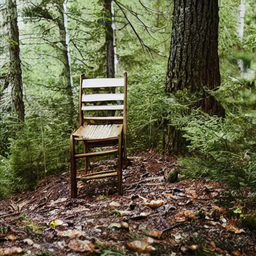 Prompt: a chair on top of the stairs in the forest