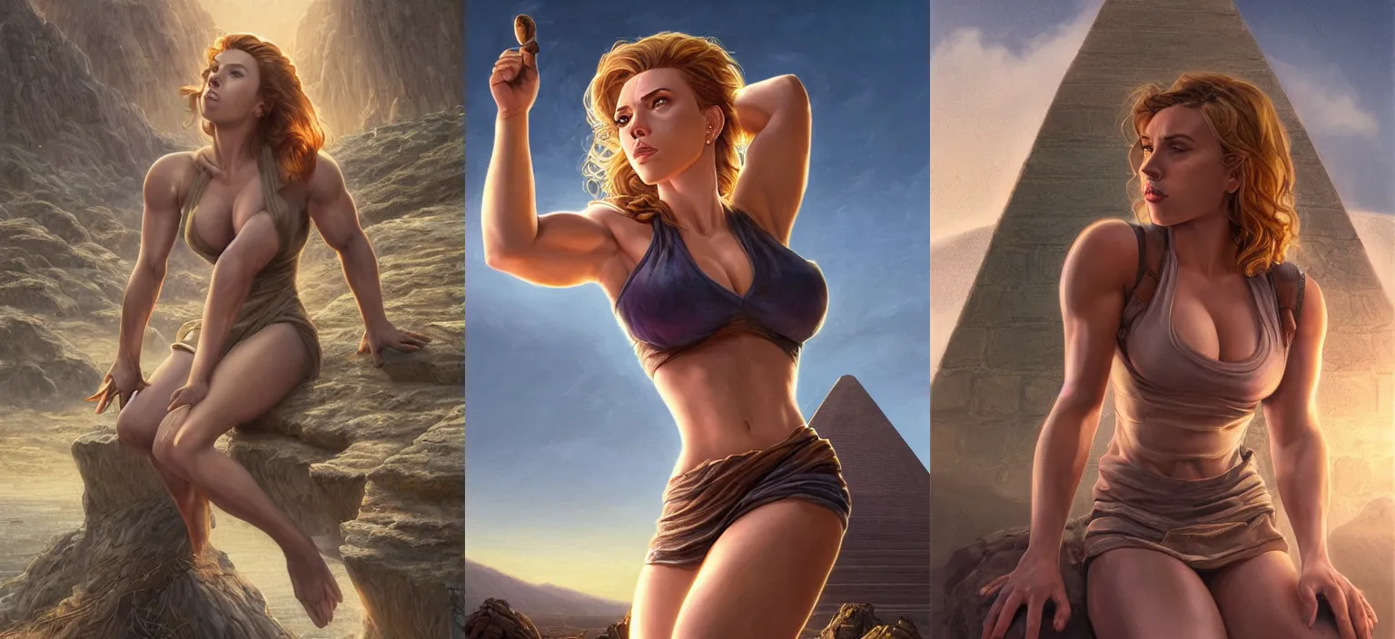 Prompt: portrait of muscled Scarlett Johansson taking a rest, pyramid ruins at sundown, sun beams, elegant, mythical, highly detailed, sharp digital painting, Artstation, concept art, smooth, short focus depth of field, illustration, Allan Lee, John Howe, Joseph Christian Leyendecker, WLOP, Boris Vallejo, Artgerm