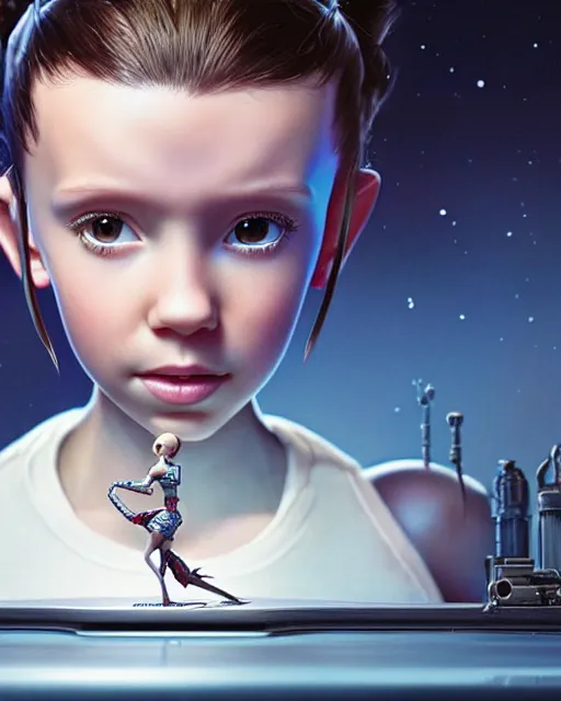 Image similar to weta disney pixar movie still head and torso portrait photo of young millie bobby brown lying on a science fiction table with a white ponytail as thoughtful intricate detailed mechanical plastic cyborg girl by pixar, by weta, wlop, ilya kuvshinov, rossdraws, artgerm, latex, iridescent, bright morning, anime, liosh, mucha