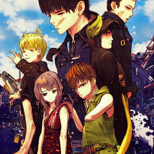 Image similar to The Banana Blue Gang, anime poster printed, Artwork by Akihiko Yoshida, cinematic composition