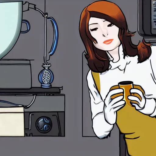 Prompt: photo of glados drinking tea