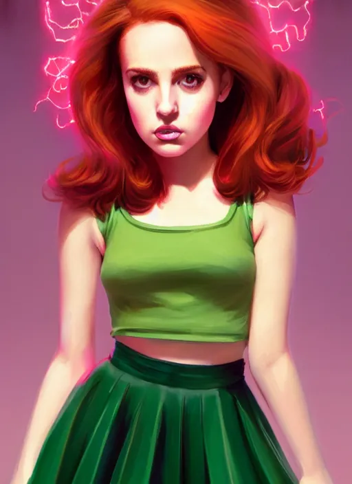 Image similar to full body portrait of teenage cheryl blossom, bangs, green eyes, sultry expression, red hair, sultry smirk, bangs and wavy hair, pink skirt, intricate, elegant, glowing lights, highly detailed, digital painting, artstation, concept art, smooth, sharp focus, illustration, art by wlop, mars ravelo and greg rutkowski