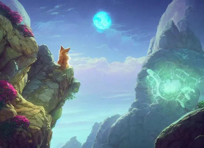 Prompt: a fox on a cliff, moon, mountain, epic digital fantasy style beeple, by thomas kinkade hearstone league of legends dofus overwatch concept art, style of makoto shinkai, xision, james jean and peter mohrbacher, studio ghibli, artgerm, karol bak, dan mumford global illumination rtx bioluminescent