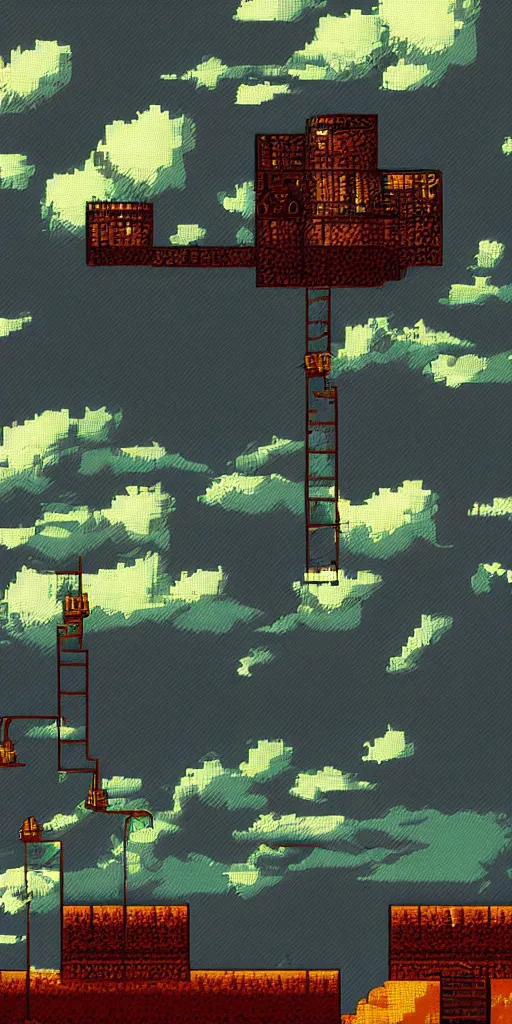 Prompt: 2D post-industrial landscape with distorted clouds, 8 bits graphics, flat, SNES game, crushed quality, low contrast, low light, color gradient, low saturation, heavy color compression filter, melting pixels