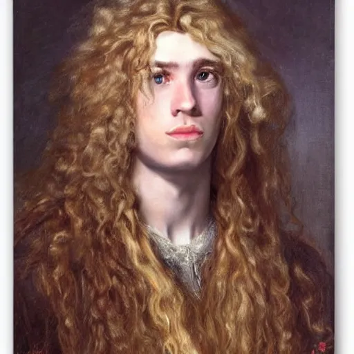 Prompt: a striking hyper real painting of Lucius the pretty pale androgynous prince with long fluffy curly blond hair by Jan Matejko