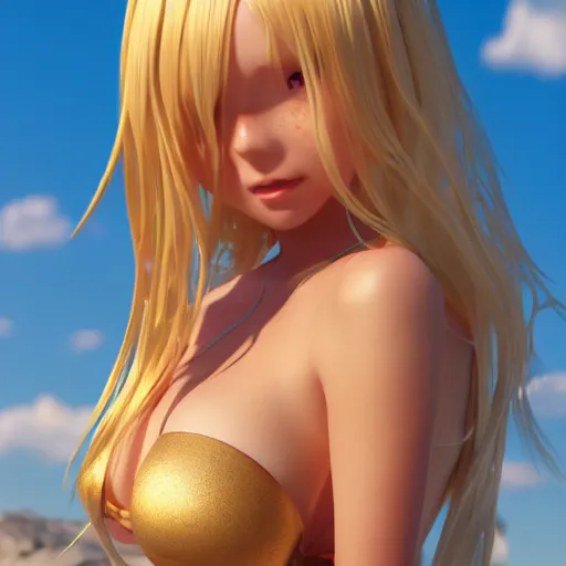 Image similar to Render of a very beautiful 3d anime girl, long white hair, hazel eyes, cute freckles, full round face, short smile, bikini top, golden hour, serene beach setting, medium shot, mid-shot, highly detailed, trending on Artstation, Unreal Engine 4k