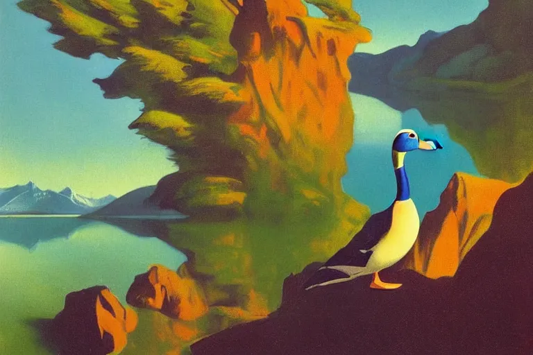 Prompt: a mallard duck on a mountain lake in the swiss alps by antoni gaudi. art by rolf armstrong, edward hopper, and eyvind earle.