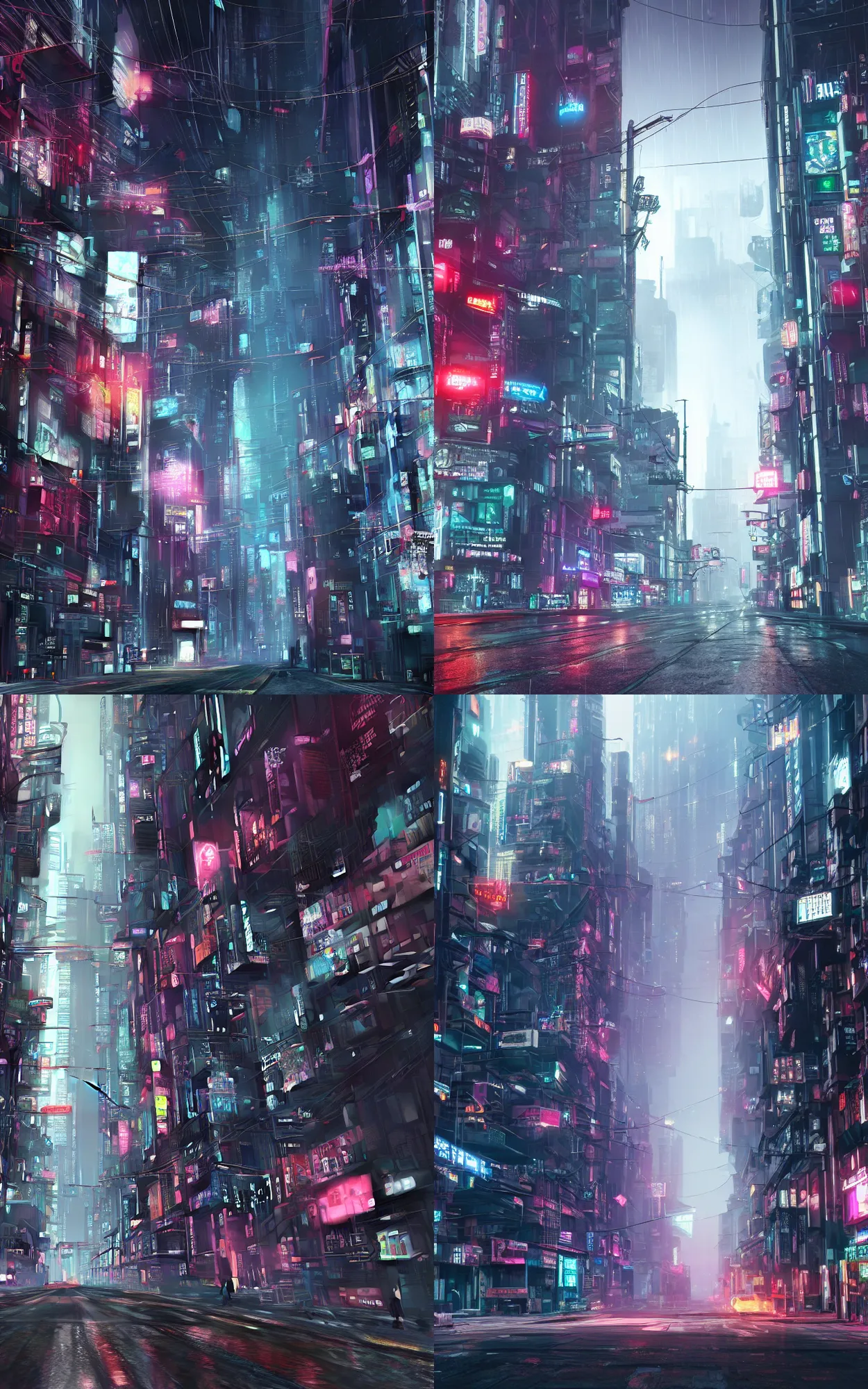 Prompt: cyberpunk streets. cables, wires, narrow. rain. haze. ultra high details. 8k. photorealistic.