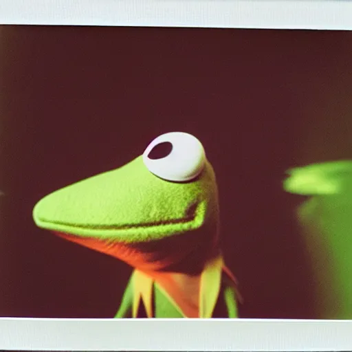 Image similar to Kermit the fish, profile polaroid photo, instax, white frame, by Warhol,
