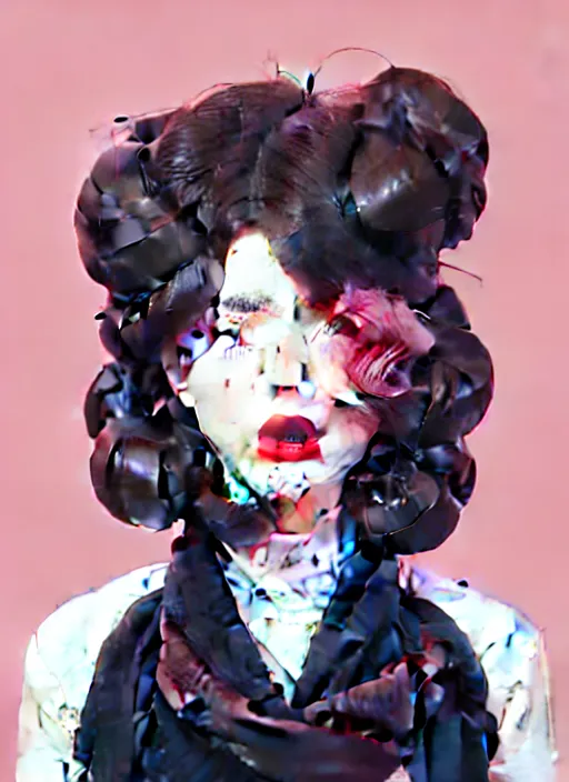 Image similar to highly detailed portrait of camber 2 with scarlet lips making a pogchamp face, poggers, photographic realistic background, ringlet hair by atey ghailan, by greg rutkowski, by greg tocchini, by james gilleard, by joe fenton, by kaethe butcher, gradient pink, black, cream and white color scheme, trending in instagram, award winning details