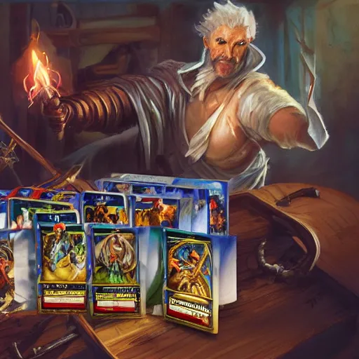 Image similar to a magic the gathering card of a man painting warhammer figurines in his basement,