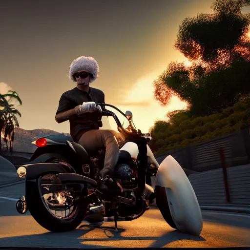 Prompt: a photorealistic image of bichon frise riding a black motorcycle in Hollywood at sundown. This 4K HD image is Trending on Artstation, featured on Behance, well-rendered, extra crisp, features intricate detail and the style of Unreal Engine.