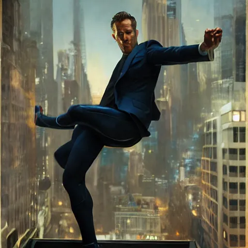 Image similar to ryan reynolds as spider - man, wearing a black and blue suit, cinematic, volumetric lighting, f 8 aperture, cinematic eastman 5 3 8 4 film, photorealistic by greg rutkowski, by stanley artgerm, by alphonse mucha