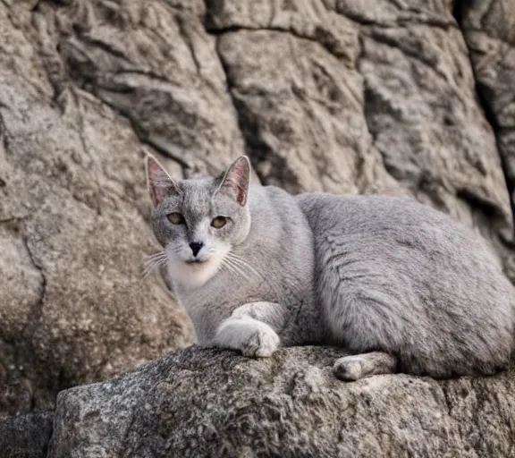 Prompt: a slender grey cat standing on a cliff overlooking a beach. hyper realistic and anamorphic 2 0 1 0 s movie still of giovanni falcone, by paolo sorrentino, leica sl 2 3 0 mm, beautiful color, high quality, high textured, lens flare, refined face and muzzle.