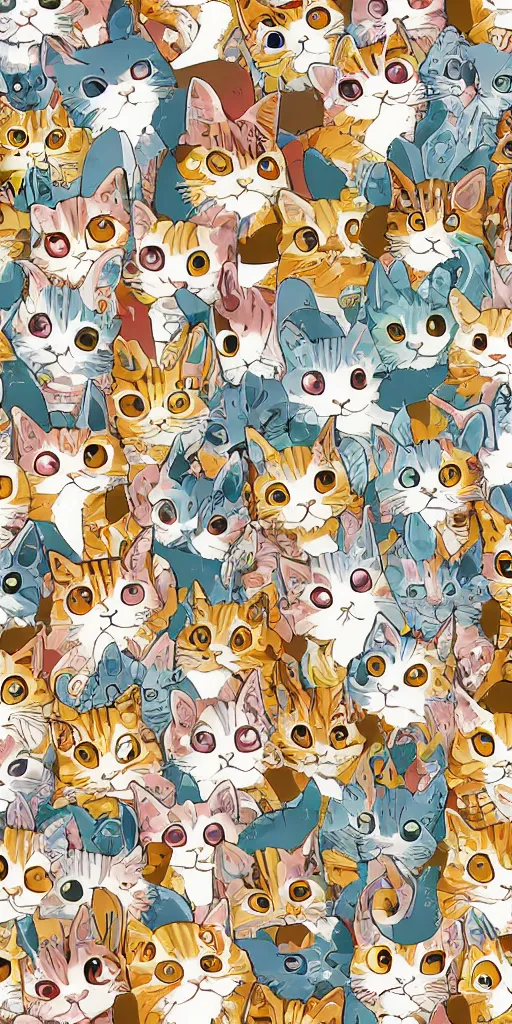 Prompt: seamless pattern of cute anime cats symmetrical, repeating 3 5 mm photography