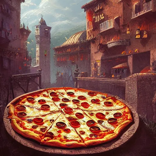 Image similar to ultra realistic illustration of pizza giant, intricate, fantasy italy, epic landscape, highly detailed, digital painting, artstation, concept art, smooth, sharp focus, illustration, art by tim mcburnie and conar cross and anato finnstark