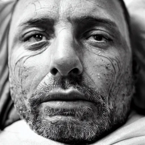 Image similar to black and white press photograph, highly detailed portrait of a depressed old tattooed drug dealer laying in bed, detailed face looking into camera, eye contact, natural light, mist, fashion photography, film grain, soft vignette, sigma 85mm f/1.4 1/10 sec shutter, Darren Aronofsky film still promotional image, IMAX 70mm footage