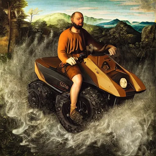 Image similar to guy on all terrain vehicle, renaissance painting by jerome bosch