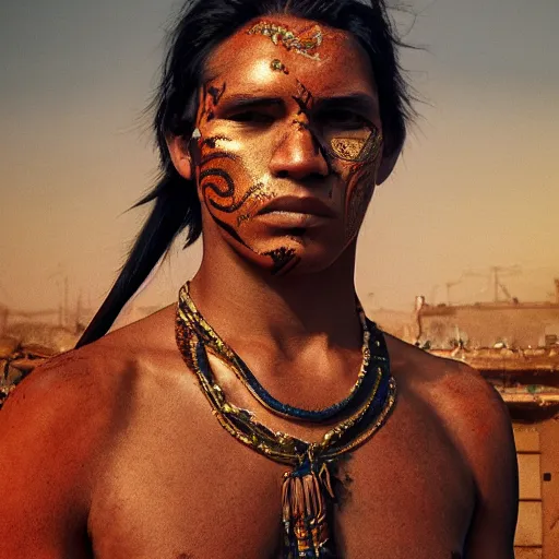 Prompt: portrait of a young jaguar warrior, street pic, depth of field, zeiss lens, detailed, symmetrical, centered, fashion photoshoot, by annie leibovitz and steve mccurry, jim jarmusch, moebius, breathtaking, 8 k resolution, extremely detailed, beautiful, establishing shot, artistic, hyperrealistic, beautiful face, octane render