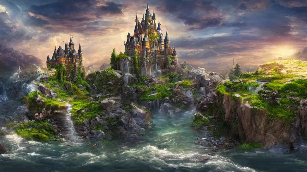 Image similar to floating castle with rivers flowing underneath, water falls, fantasy artwork, award winning, very very very very very very very beautiful scenery, hd, 4k, 8k, artstation