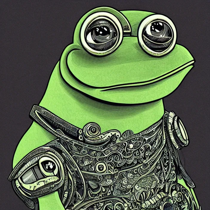 Image similar to pepe the frog, ultra realistic illustration of a retro futuristic female cyborg punk art nouveau filgree scrollwork, masterpiece, intricate, highly detailed, sharp