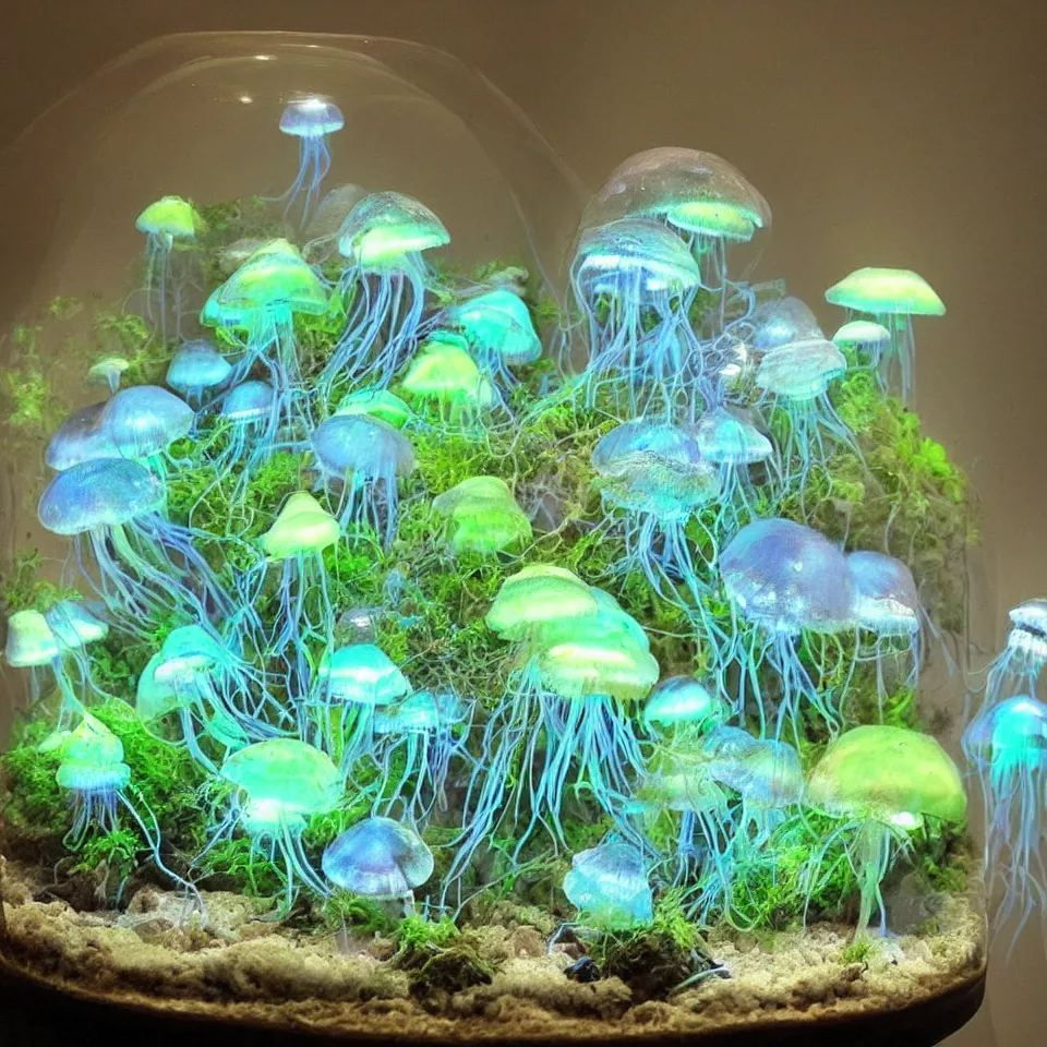 Prompt: a terrarium of bioluminescent jellyfish like mushrooms with veins