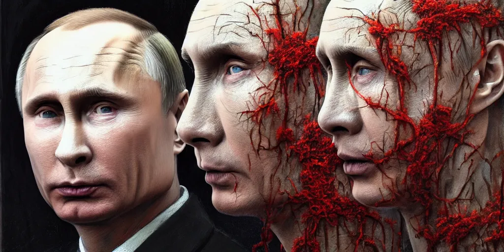 Image similar to highly detailed surreal portrait of vladimir putin's face is eaten by worms, in the background an army of zombies with their mouths sewn shut with wire in the shape of the letter z, style of greg rutkowski and ralph horsley, photorealistic, hyperdetailed, matt painting, digital art, non blurry, sharp, artstation, concept art, smooth, illustration