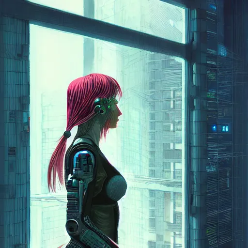 Prompt: portrait of cyberpunk woman looking out of a window, cyberpunk setting, futuristic, highly detailed, intricate lighting, digital painting, sharp focus, illustration, trending on artstation, art by tyler jacobson.