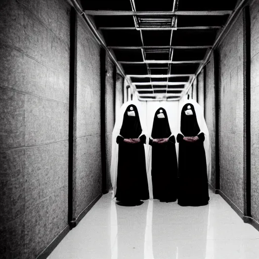 Image similar to nightmare vision, black and white, award winning photo, levitating twin nuns, wearing translucent sheet, in a sanctuary, hallways, eerie, frightening —width 1024 —height 1024