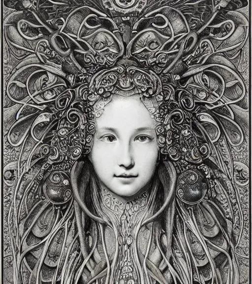 Image similar to portrait of a beatiful young goddess with intricate jellyfish headdress, dark background, intricate hyper detailed art by ernst haeckel and james jean