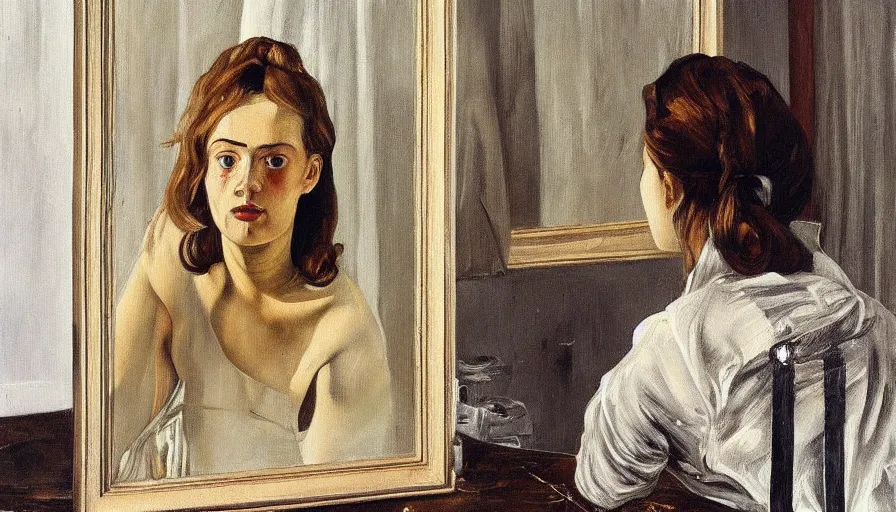 Image similar to painting by lucien freud, young woman in front of the mirror, detailed, stunning