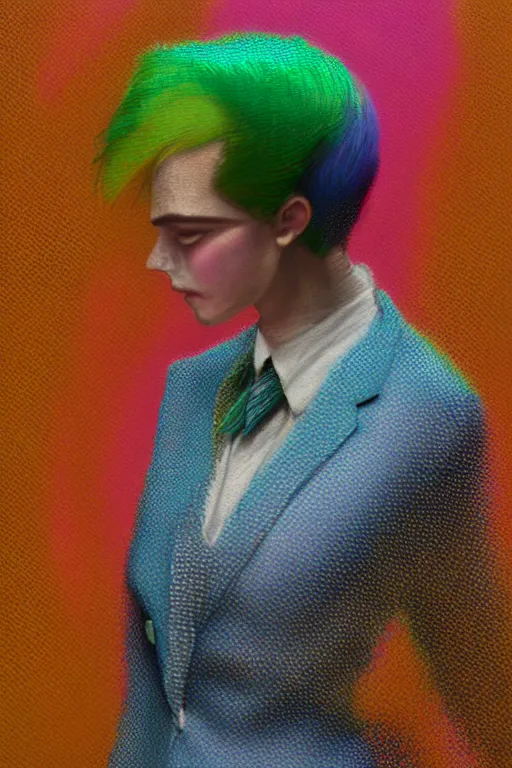 Prompt: a scene with a character wearing a super colorful muted color diy! suit, vivienne westwood!, detailed photoreal render octane render, pointillism, oil on canvas