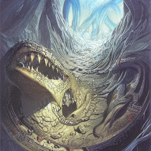 Prompt: artwork by john howe of the ruthless cavern leviathan